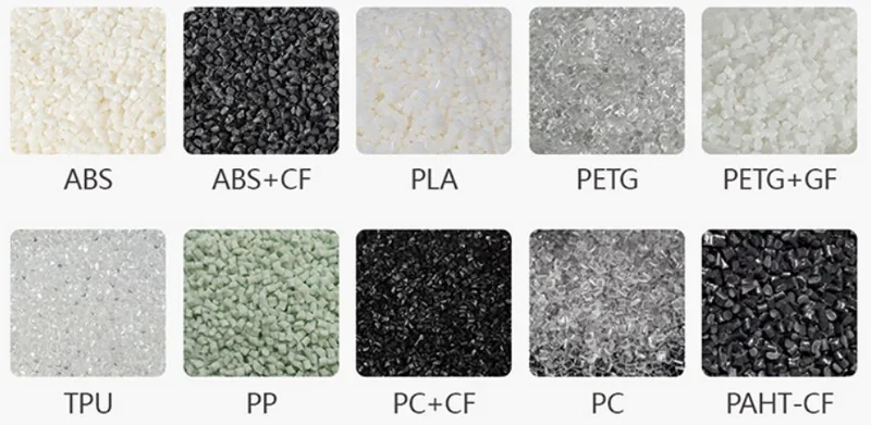 Piocreat G12 3D printer samples: ABS, ABS+CF, PLA, PETG, PETG+GF, TPU, PP, PC+CF, PC, PAHT-CF, showcasing material diversity.