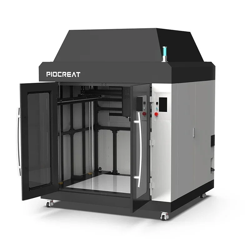 Piocreat G12 3D printer with open double doors, large printing chamber, control panel on side, and sleek black and silver design.