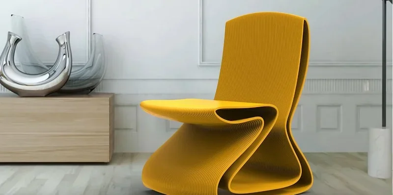 Yellow modern 3D-printed chair designed by piocreat g12, sits in a contemporary room with wood flooring, decorative vases, and light-colored walls.