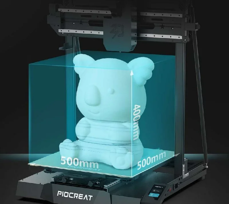 Piocreat G5 3D printer showcasing a large 500x400x500mm koala figurine print inside, highlighting its capacity and precision features.