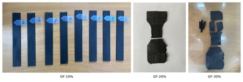 Piocreat G5 3D-printed parts comparison showing GF-10%, GF-20%, and GF-30% samples on a wooden surface; labeled with numbers.