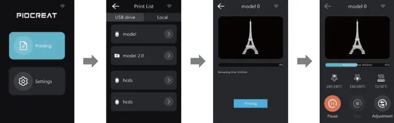 Piocreat G5 interface shows 3D printing stages of an Eiffel Tower model with menus for printing, settings, and model selection on screen.