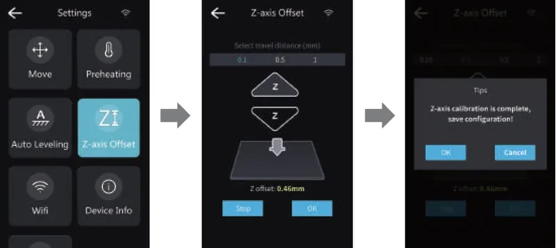 Piocreat G5 interface screens showing Z-axis offset settings and calibration process for precise 3D printing adjustment.