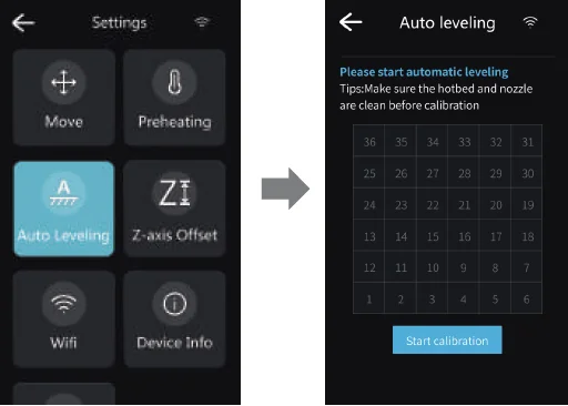 3D printer Piocreat G5 settings screen; shows options like auto leveling, preheating, WiFi, with calibration grid for precise alignment.
