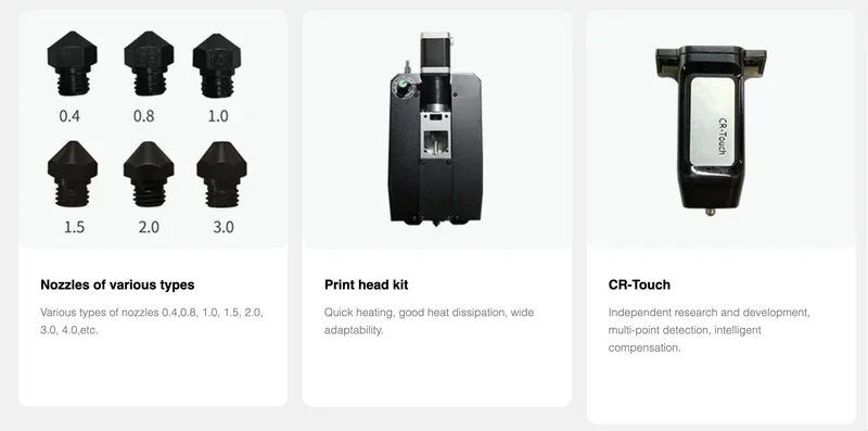 Piocreat G5 components: various nozzles (sizes 0.4 to 4.0), a print head for efficient heating, and a CR-Touch sensor for precise detection.