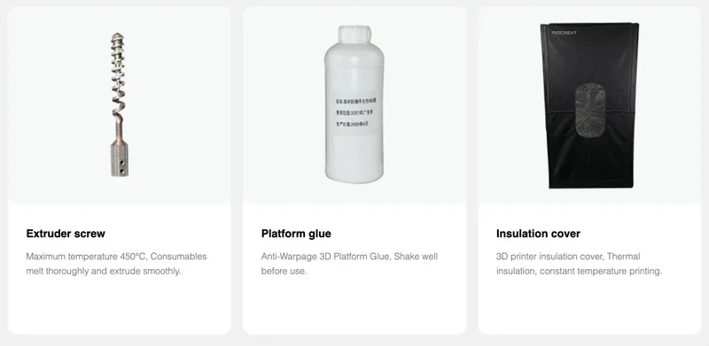 Piocreat G5 3D printer components: extruder screw for high-temp printing, platform glue for adhesion, and insulation cover for thermal regulation.