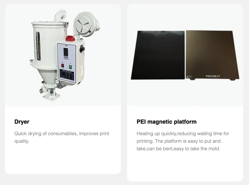 Piocreat G5 accessories include a filament dryer for quick drying and a PEI magnetic platform for efficient, easy printing and mold removal.