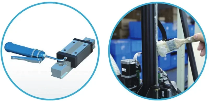 Piocreat G5: Left shows a grease gun applied to a linear rail, right shows a brush applying oil to a 3D printer in a workshop setting.