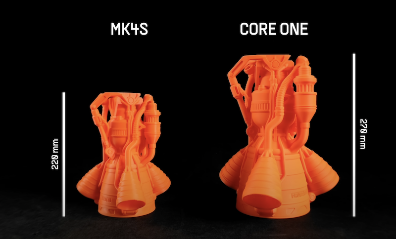 Two 3D-printed orange models of rocket engines are shown. The left model is labeled "MK4S" and measures 220 mm in height, while the right model is labeled "CORE ONE" and measures 2