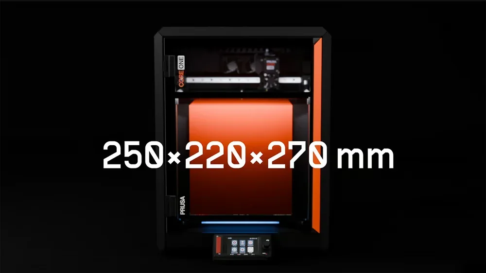 Prusa Core One 3D printer with highlighted build volume of 250×220×270 mm, featuring sleek black and orange design.