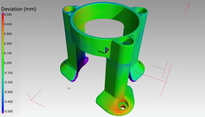 A digital 3D model displaying deviation measurements in millimeters. The model is color-coded to show variances from 0.500 mm in red to -0.500 mm in blue. This is likely a print sa