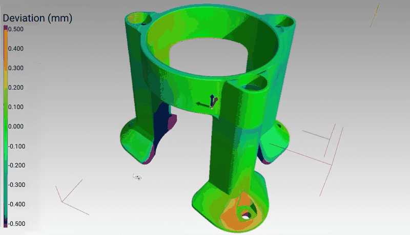 A technical illustration showing a deviation analysis of a cylindrical 3D-printed part, potentially crafted by the Prusa Core One. The part is displayed with a color-coded deviation map ranging from -0.500 mm to 0.500 mm, illustrating the precision and variance from the intended design. The color gradient aids in identifying areas of potential distortion or inaccuracy in the printing process, highlighting the importance of quality control in 3D printing.