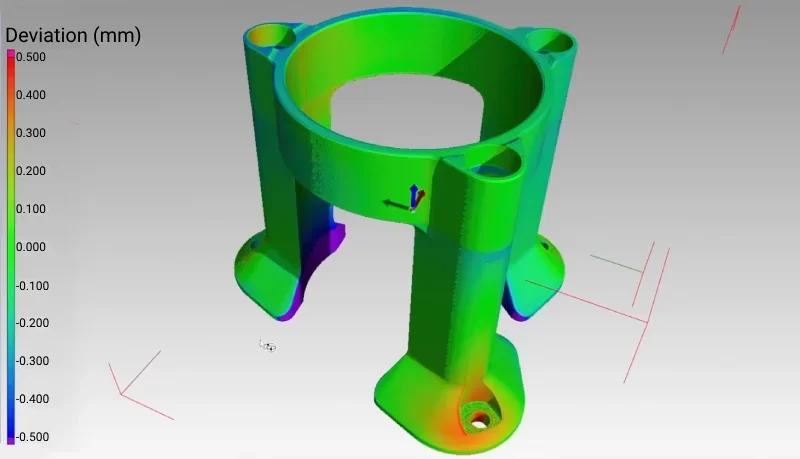 Deviation map of a cylindrical 3D-printed part by Prusa Core One, showing color-coded precision from -0.500 to 0.500 mm, with visible dimensions.