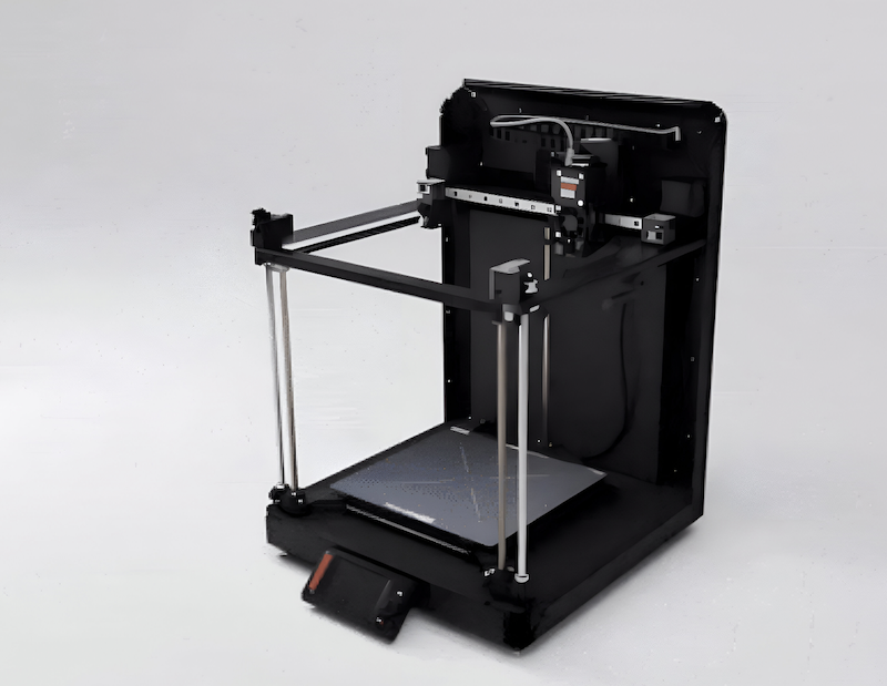 The Prusa Core One 3D printer is showcased with its open-frame design, highlighting the sturdy construction with twin vertical rods supporting the gantry. The print bed is spacious, showcasing a grid pattern for precision alignment, and the extruder mechanism is visible at the top. The printer is set against a plain background, emphasizing its sleek, industrial design and functional components.