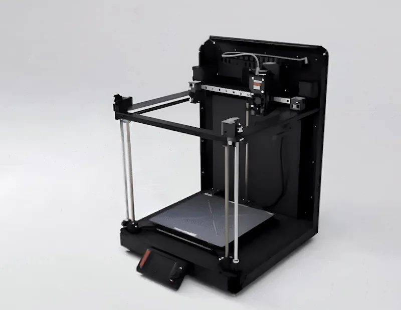 Prusa Core One 3D printer in black with a robust frame and visible nozzle assembly, set in a minimalist, neutral background.