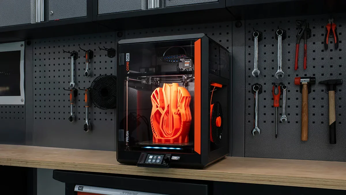 Prusa Core One 3D printer on workbench with orange 3D print inside, surrounded by tools on a pegboard; modern workshop setting.