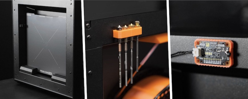 This image shows three different close-up views of a 3D printer. On the left, a side view of the printer bed is visible, labeled with "PRUSA CORE." In the middle, a set of tools is