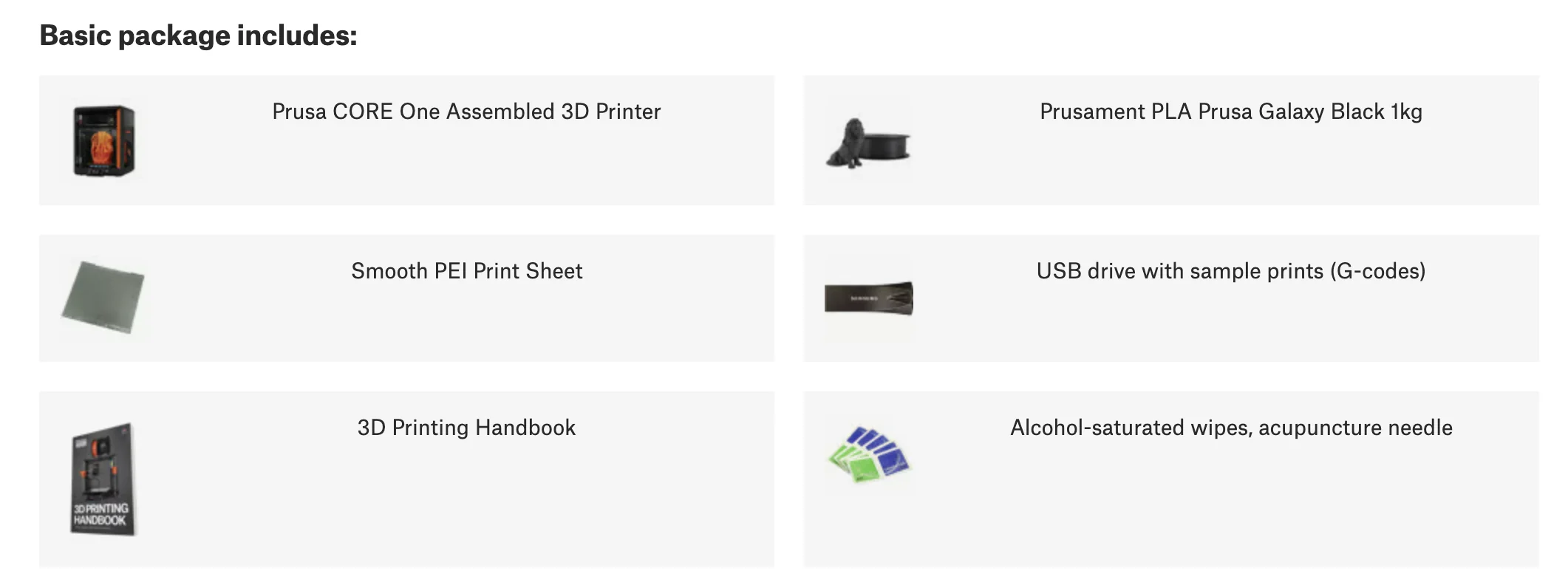 Prusa Core One package with assembled 3D printer, Prusament filament, PEI print sheet, USB with sample prints, 3D handbook, wipes, and needle.
