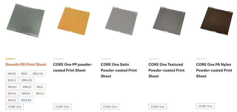 A selection of different 3D printer print sheets. These include a Smooth PEI Print Sheet and CORE One powder-coated sheets in PP, Satin, Textured, and PA Nylon varieties, each with