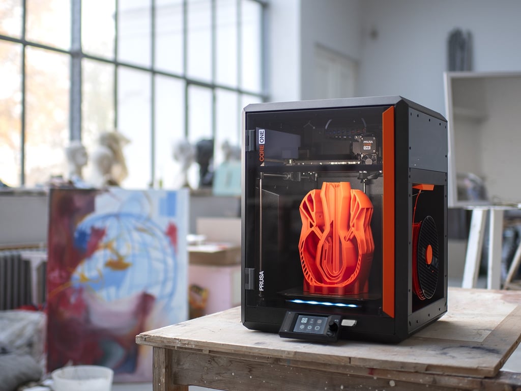 This image shows a 3D printer in a creative studio environment. The printer is actively printing a large, orange, intricate object inside its chamber, which is enclosed by a transp