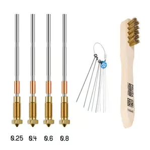 Prusa Core One nozzle kit with four nozzles, cleaning needles, and brush for commercial 3D printers; sizes include 0.25, 0.4, 0.6, and 0.8mm.