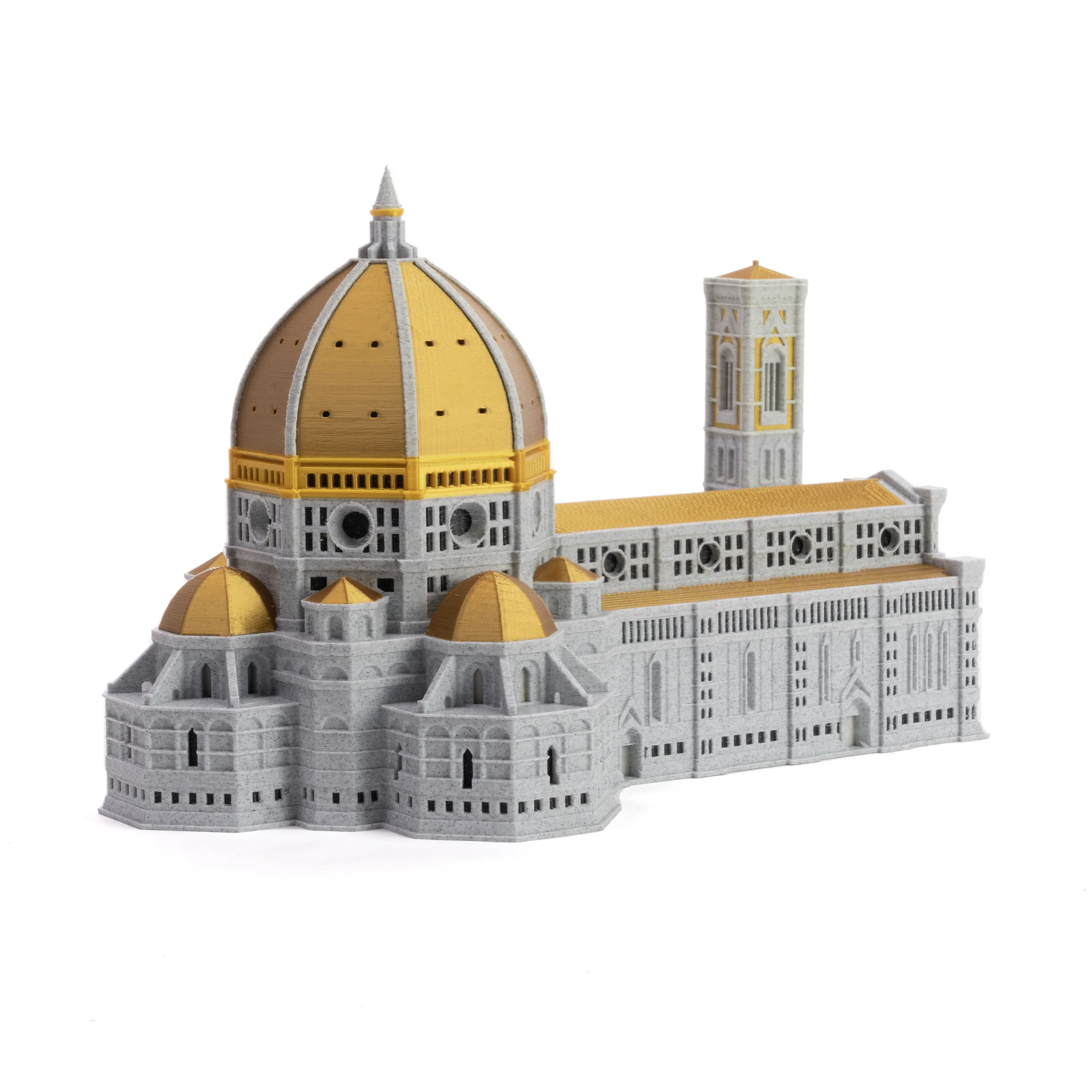 Prusa Core One 3D-printed detailed architectural model with gray walls and gold domes, featuring intricate cathedral design.