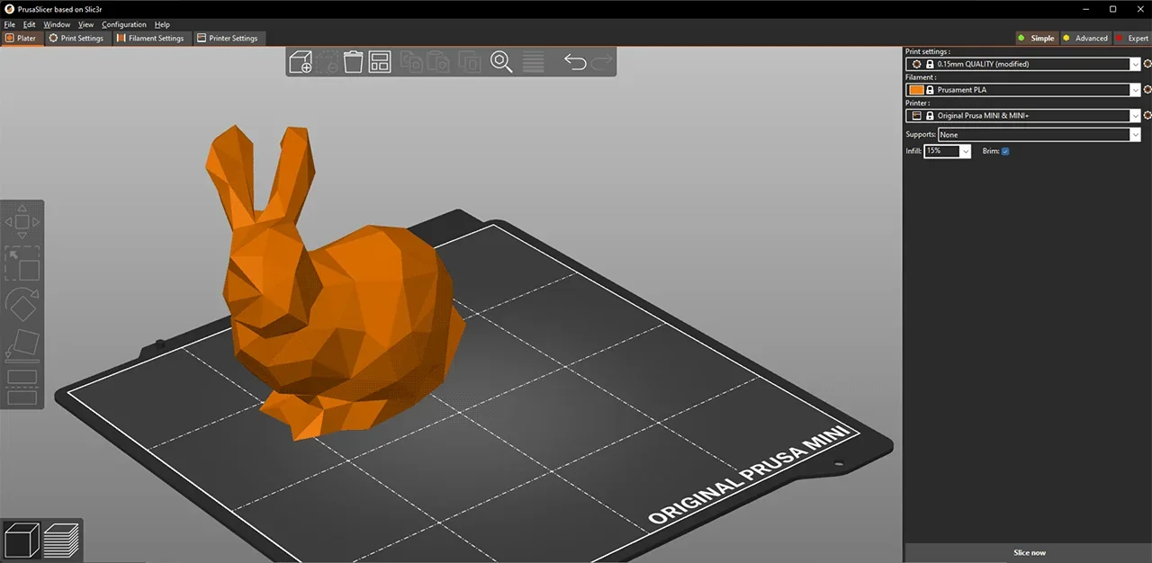 PrusaSlicer screen showing an orange 3D low-poly rabbit model on the Original Prusa Mini print bed, ready for printing.