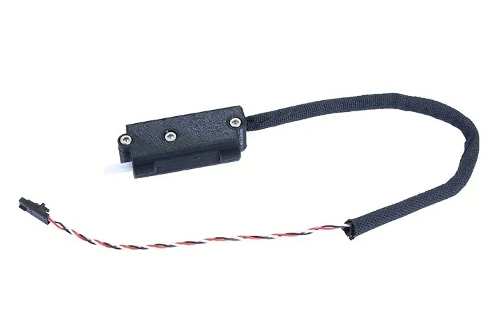 Prusa Mini 3D printed part: a black enclosure with wiring, featuring three screws and a braided cable, possibly an electronic component or sensor housing.
