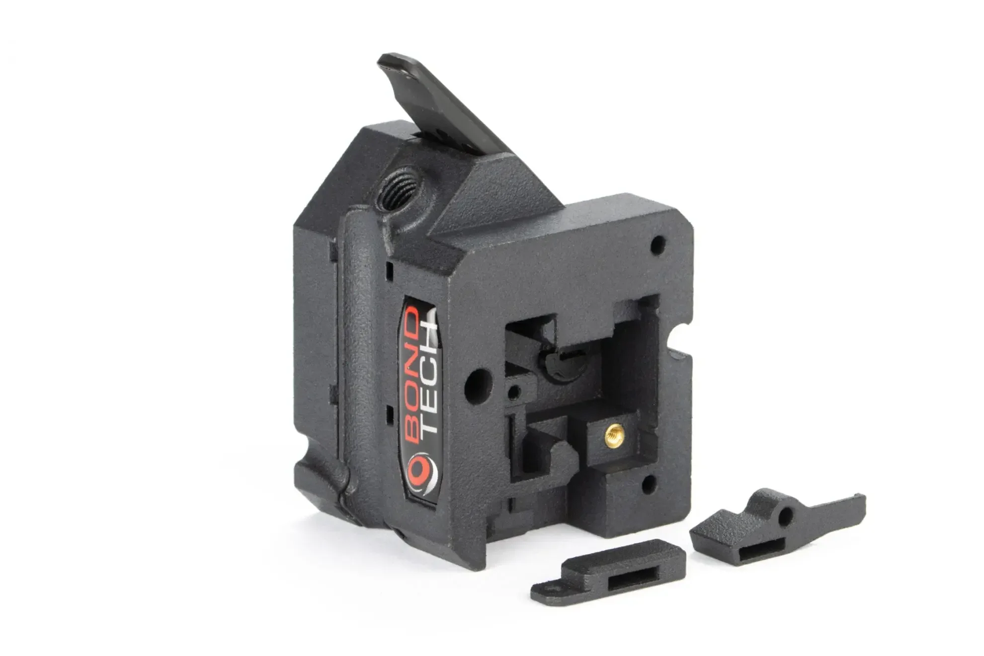Black Bondtech extruder assembly for Prusa Mini 3D printer, featuring detachable components; precise, modern design with visible branding.