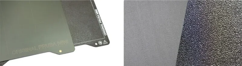 Prusa Mini magnetic and textured sheets showcasing surface texture and branding detail. Ideal for 3D printing parts with durability and precision.