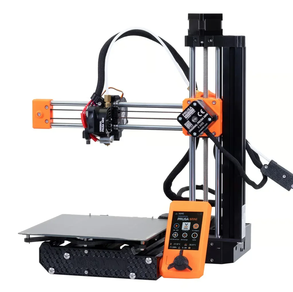 Prusa Mini 3D printer, featuring an orange and black frame, LCD screen, and print bed. Ideal for creating detailed 3D printed samples and parts.