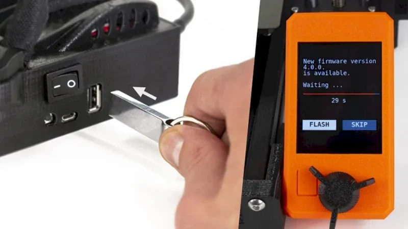 Prusa Mini updating firmware via USB, display shows update progress.