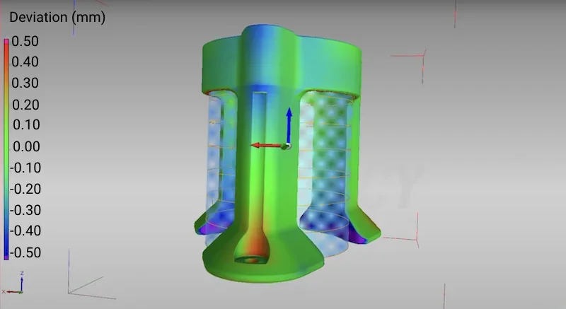 3D deviation analysis of a cylindrical part with color gradients from -0.50 to 0.50 mm, showing accuracy of Prusa MK4 print.