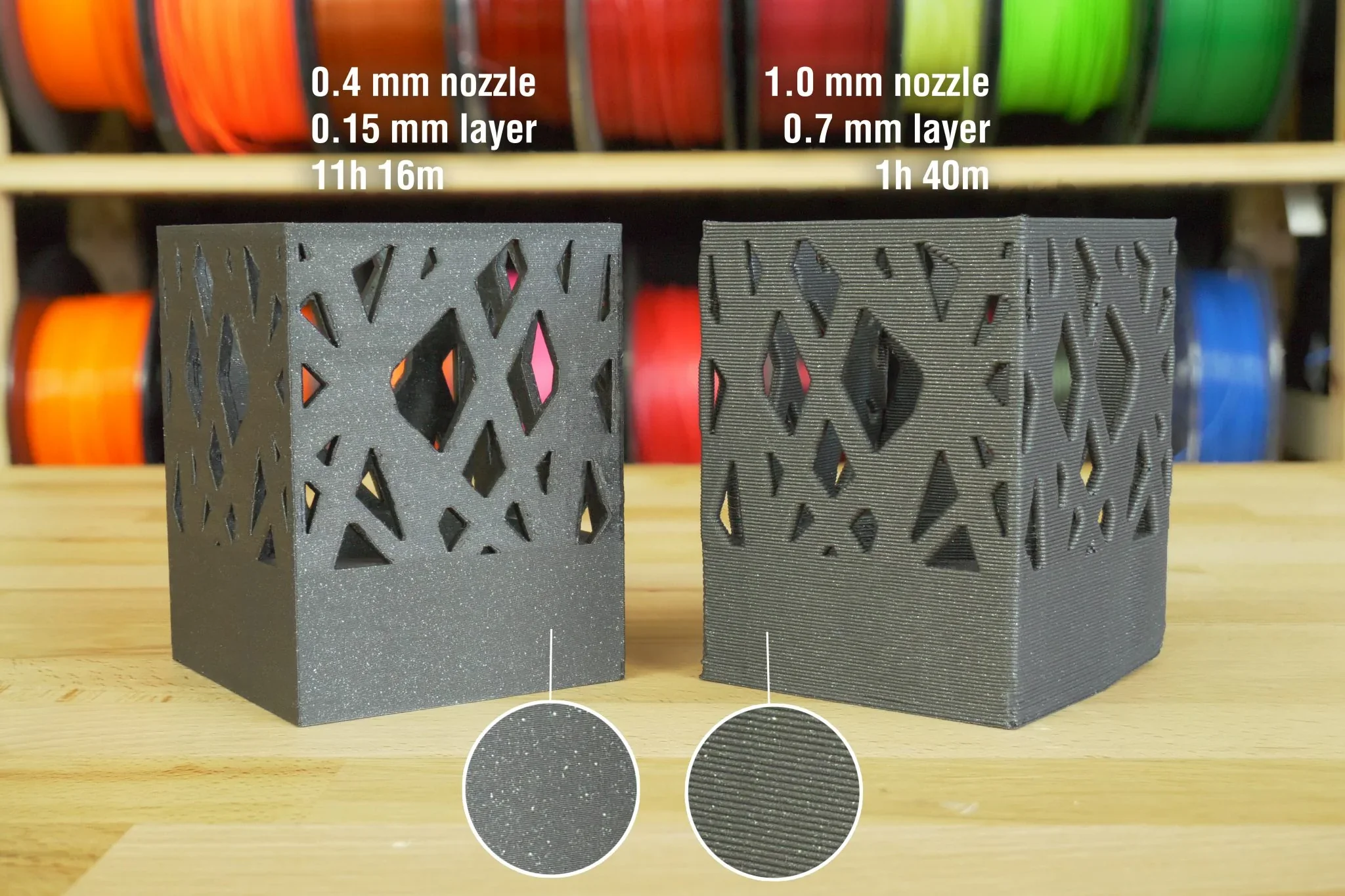 Prusa MK4 3D prints showing different nozzle and layer sizes; textured black geometric boxes on wooden surface with filament spools in background.