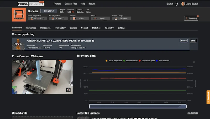 PrusaConnect interface shows Prusa MK4 3D printer in action, printing a blue object, with telemetry data, temperature settings, and live webcam feed.