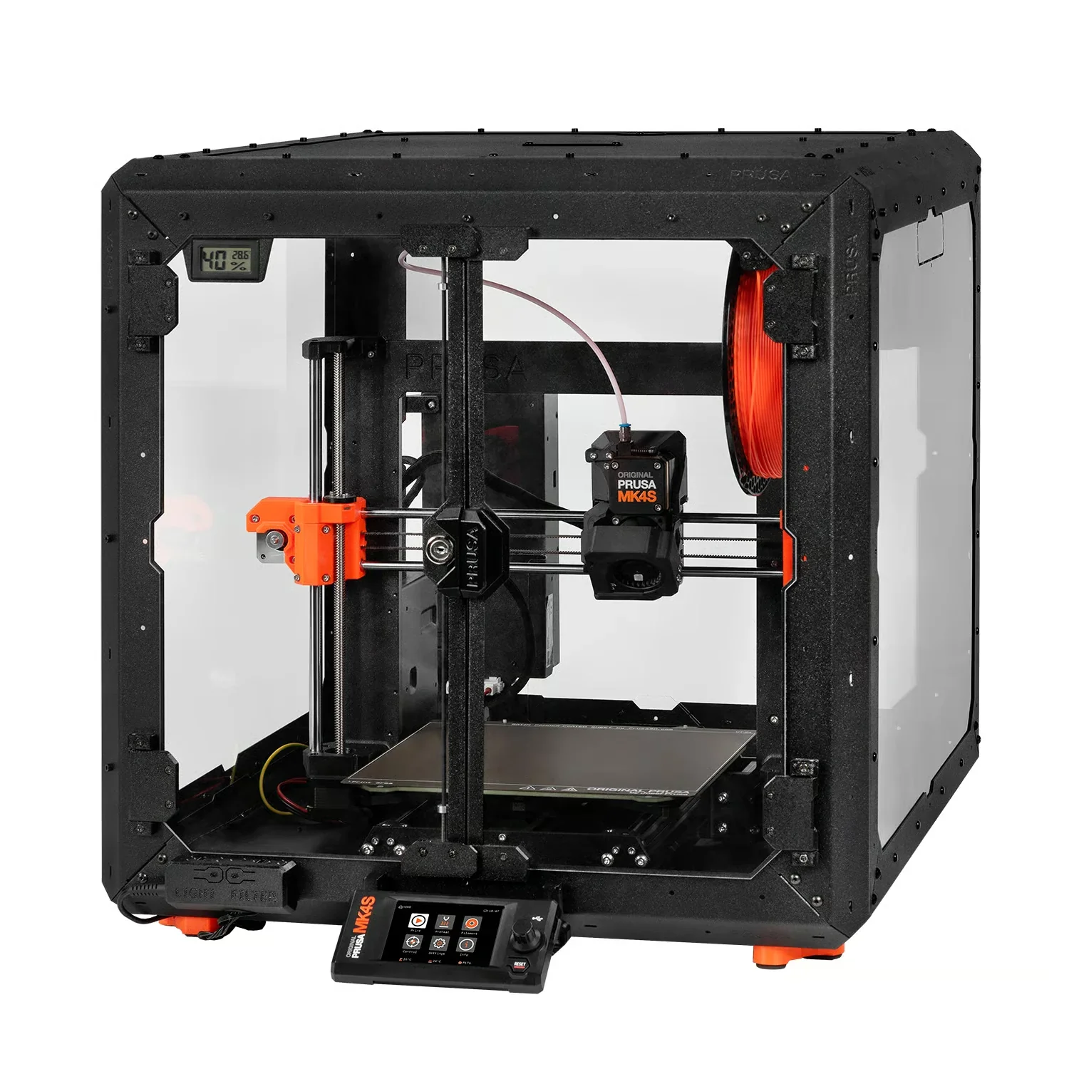 Prusa MK4 3D printer with enclosed frame, black and orange parts, and filament spool; touchscreen control panel for precise printing.