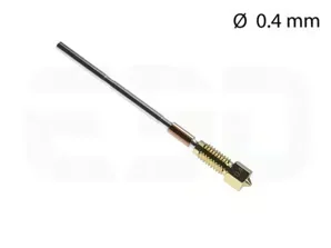 Prusa MK4 brass nozzle with a 0.4 mm diameter, ideal for precise 3D printing, featuring a long, thin design and visible inner components.