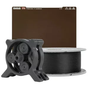 Prusa MK4 3D printer filament spool, gears model, and build plate, demonstrating the machine's precision and capabilities in commercial printing.