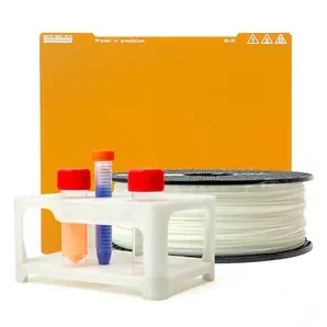 Prusa MK4 3D printer items: orange print bed, white filament spool, and test tube rack, emphasizing precision and functionality.