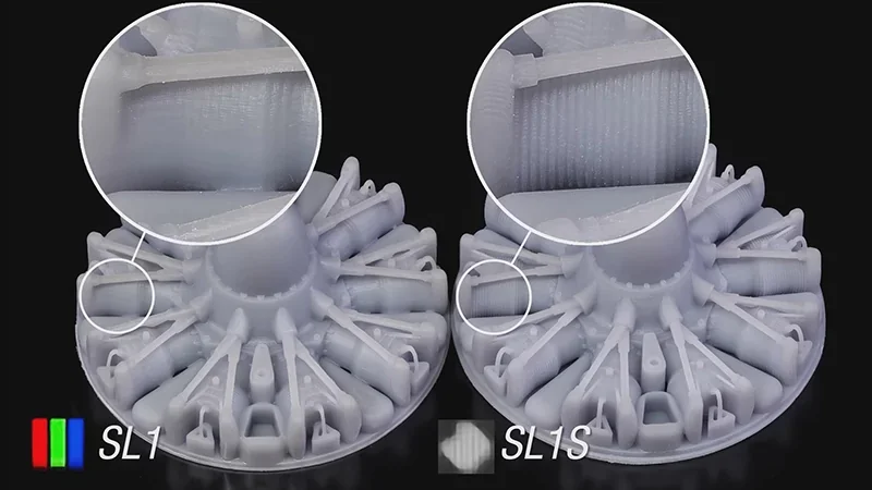 Prusa SL1S vs SL1 comparison highlighting improved 3D print detail in SL1S sample parts, showing intricate features and close-up views of surface texture.