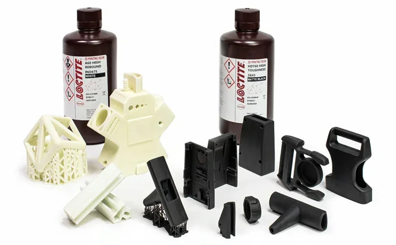3D printed parts by Prusa SL1S with Loctite resin bottles; includes mechanical and geometric samples.