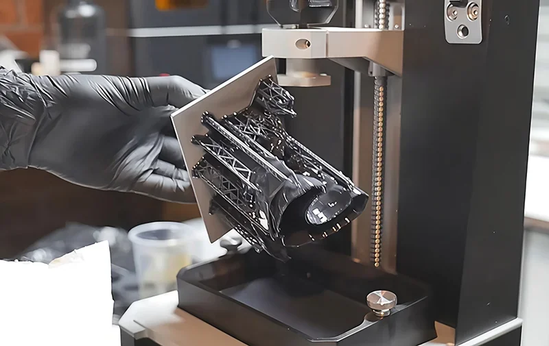 Prusa SL1S 3D printer with a freshly printed intricate black resin model being removed; technician wearing gloves.
