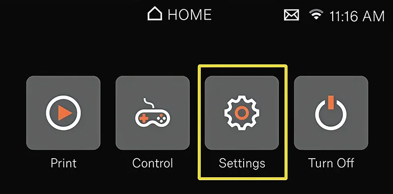 Touchscreen interface of Prusa SL1S 3D printer showing icons for Print, Control, Settings, and Turn Off, with Settings highlighted, timestamp 11:16 AM.