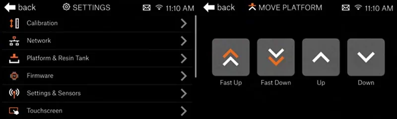 Prusa SL1S settings interface showing calibration, network, firmware, and move platform options with fast up/down and up/down controls on touchscreen.