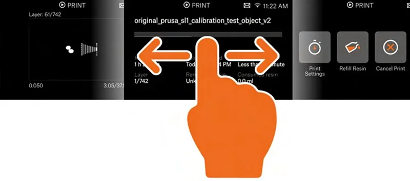 Touchscreen interface displaying Prusa SL1S settings for calibration test with navigation icons and an orange hand pointing at the screen controls.