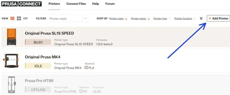 Prusa Connect interface showing Original Prusa SL1S SPEED 3D printer busy, with firmware 1.8.0-beta.0, alongside Prusa MK4 and Pro HT90 models.