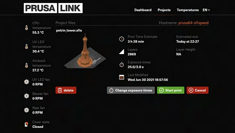 Prusa SL1S print interface showing project file petrin_tower.sl1s with temperatures, fan speeds, and print time estimate of 3h 28m on Prusa Link.