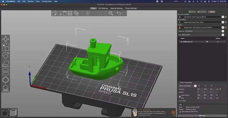 Prusa SL1S 3D printer interface displaying a green 3D boat model ready to print, with settings and controls on a dark background.