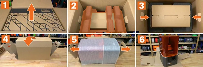Prusa SL1S unboxing steps, showing packaging, cardboard inserts, and printer setup on wooden table, highlighting assembly process.