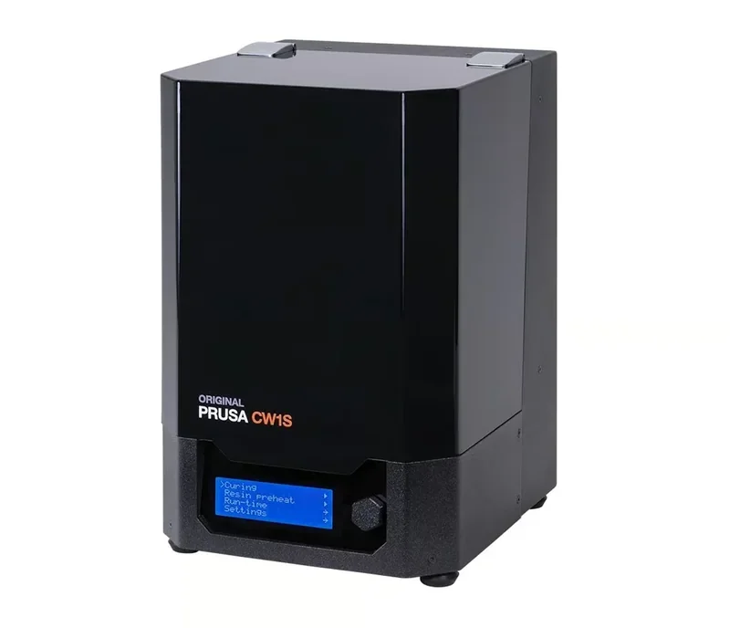 Black Prusa CW1S 3D printer with blue digital display, sleek design, branded logo on the front.